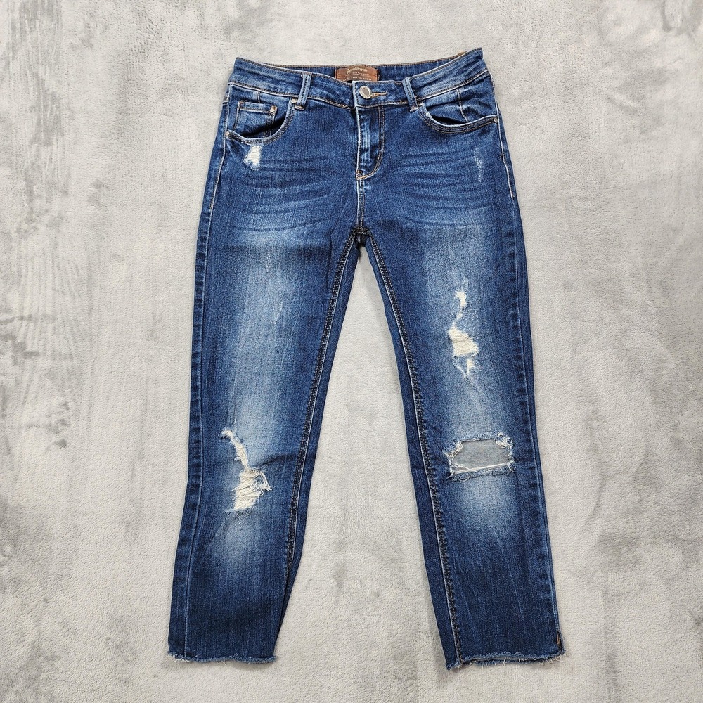 Stradivarius Jeans Womens 2 Blue Mid Rise Distressed Crop Raw Hem Skinny Denim